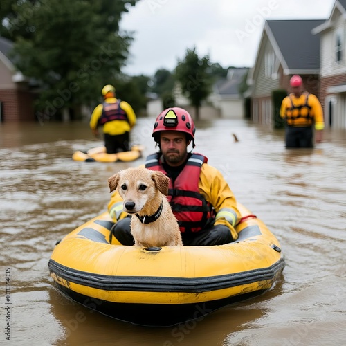 Emergency responders in boats navigating through a flooded residential neighborhood, carrying a rescue dog, Flooded neighborhood rescue, first responders photo