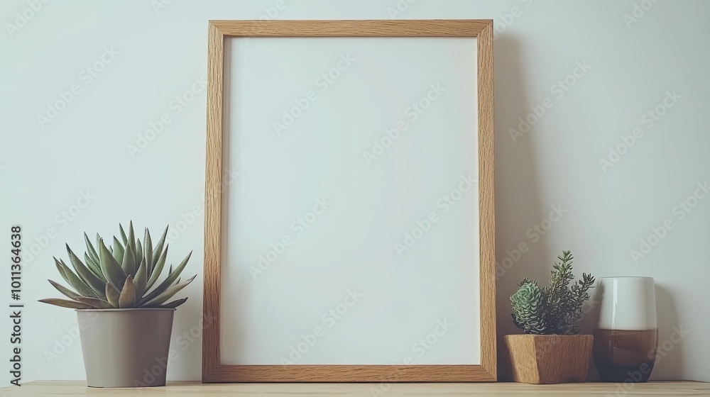 A blank wooden frame leaning on a tabletop with small succulents and minimalist beside it, against a plain white background, ready for creative use. A blank wooden frame leaning on a tabletop with small succulents and minimalist beside it, against a plain white background, ready for creative use.