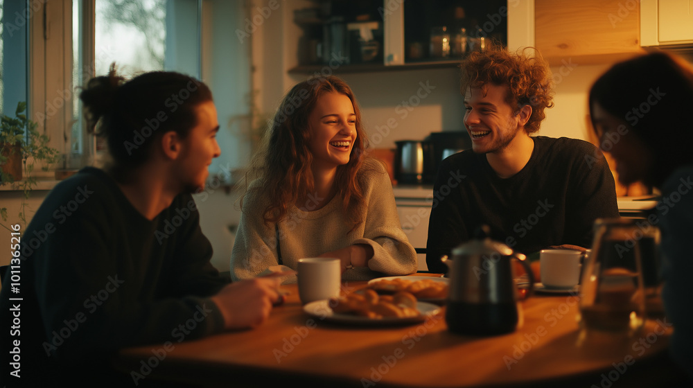A group of close friends gathered around a dining table in a cozy, warmly lit kitchen. Blur effect in the backgraund A group of close friends gathered around a dining table in a cozy, warmly lit kitchen. Blur effect in the backgraund