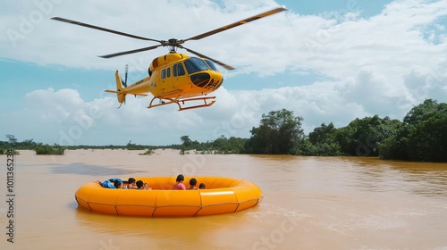 Helicopters hovering over flooded areas, dropping life rafts to stranded families, Helicopter flood rescue mission, disaster response operation photo