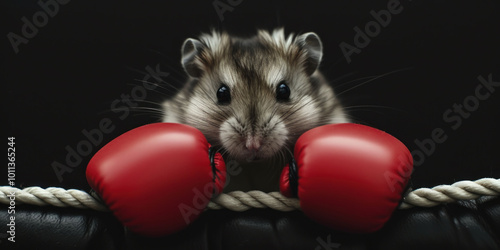 A cute hamster wearing red boxing gloves stands in a boxing ring, ready to fight photo