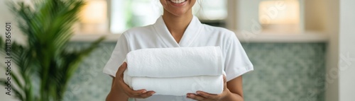 A smiling spa therapist holding fresh towels, ready to provide a relaxing experience in a serene environment.