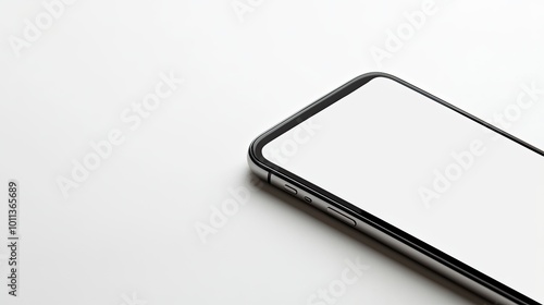 A close-up of a blank screen iPhone placed on a white background, ideal for mockups of mobile applications or branding projects.