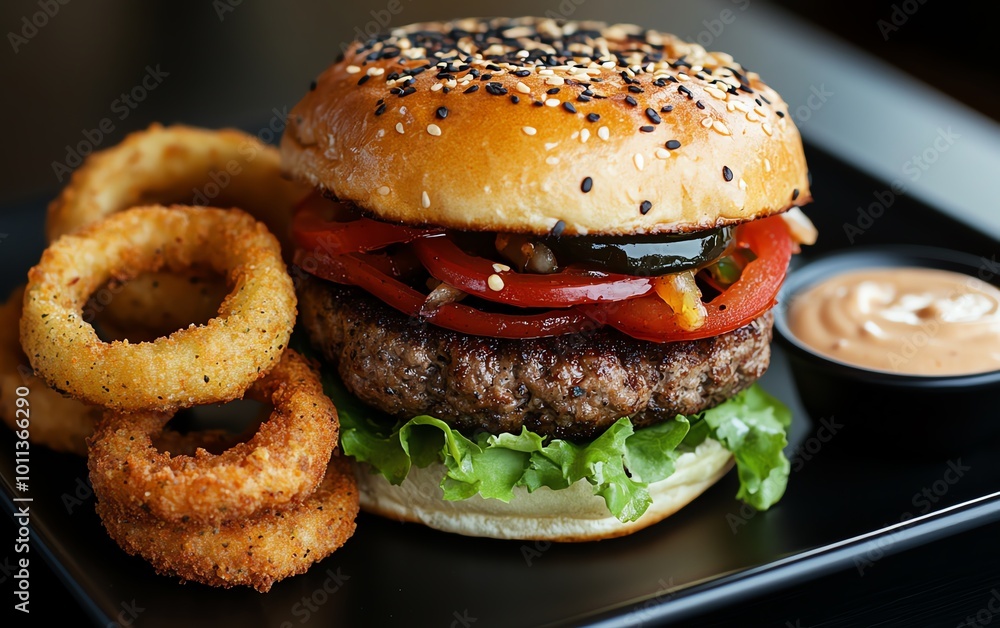 Juicy burger with onion rings and dipping sauce. Juicy burger with onion rings and dipping sauce.