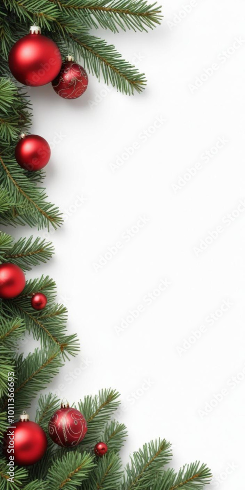 Green pine tree branches with red Christmas ornaments on a white background Green pine tree branches with red Christmas ornaments on a white background