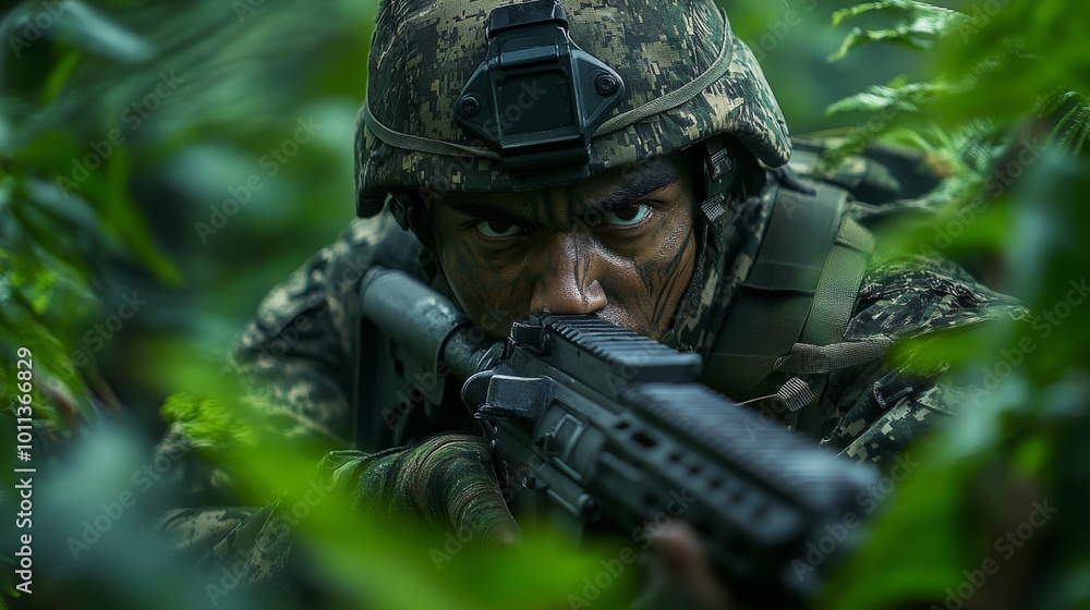 Soldier in Camouflage Gear Aiming Weapon During Training Mission in Dense Jungle Environment Soldier in Camouflage Gear Aiming Weapon During Training Mission in Dense Jungle Environment