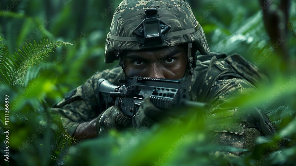 Soldier in Tactical Gear Seeking Cover While on Patrol in Dense Jungle Environment During Daytime Soldier in Tactical Gear Seeking Cover While on Patrol in Dense Jungle Environment During Daytime