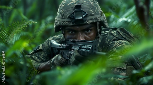 Soldier in Tactical Gear Seeking Cover While on Patrol in Dense Jungle Environment During Daytime photo