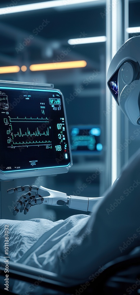 Futuristic robot in medical setting, monitoring patient health with advanced technology and screens displaying vital signs. Futuristic robot in medical setting, monitoring patient health with advanced technology and screens displaying vital signs.
