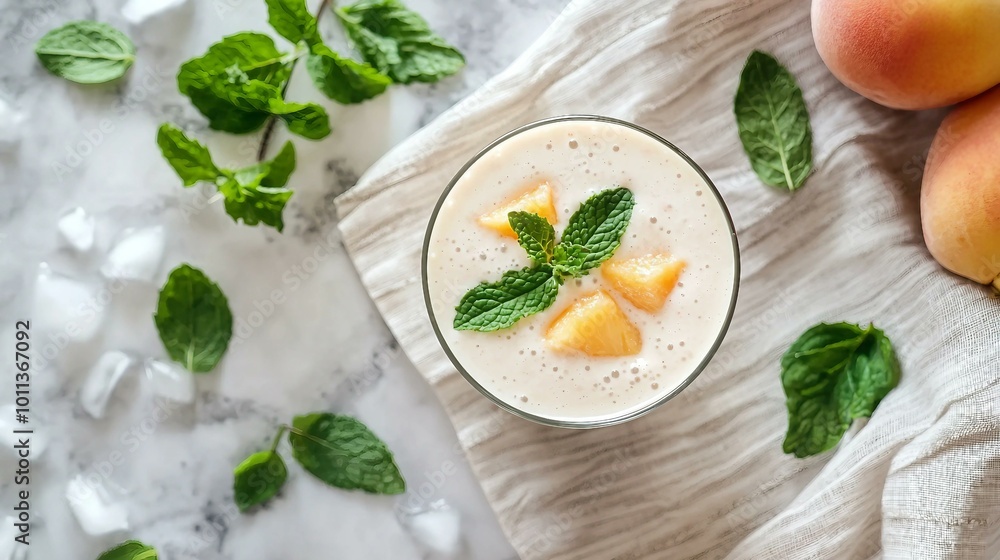 Refreshing Peach Smoothie with Mint Garnish on Marble Surface Refreshing Peach Smoothie with Mint Garnish on Marble Surface
