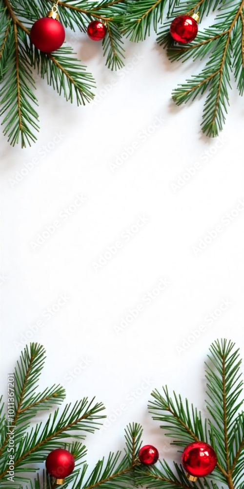 Green pine tree branches with red Christmas ornaments on a white background Green pine tree branches with red Christmas ornaments on a white background