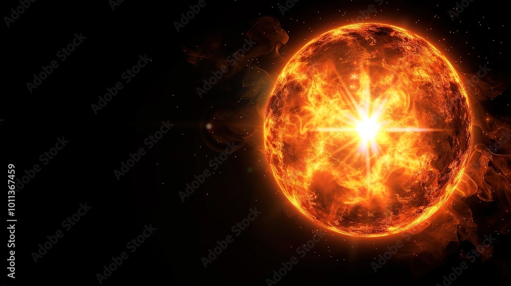 Fototapeta premium Stunning depiction of a fiery sun with vibrant solar flares against a dark background, showcasing the power of our star.