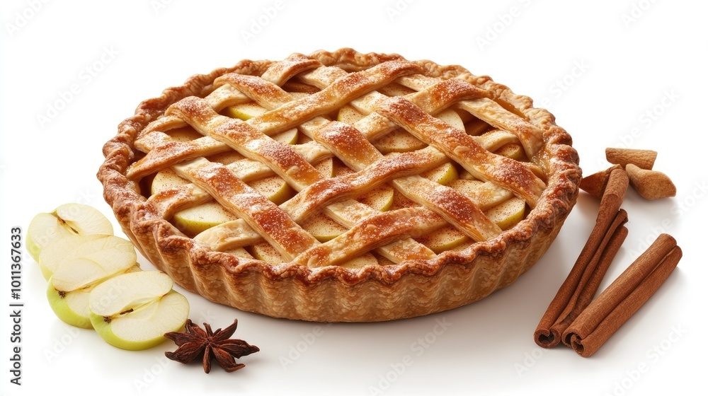 A golden-brown apple pie with a lattice crust, surrounded by sliced apples and cinnamon sticks, isolated on a white background, evoking warmth and nostalgia. A golden-brown apple pie with a lattice crust, surrounded by sliced apples and cinnamon sticks, isolated on a white background, evoking warmth and nostalgia.