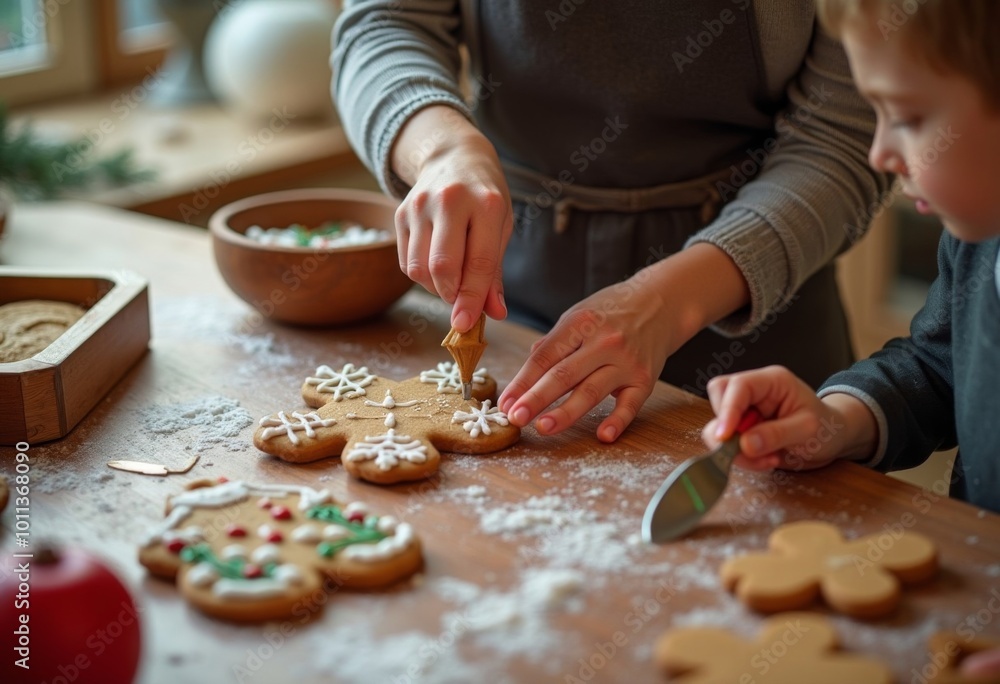 mother and son prepare gingerbread cookies and decorate them for the new year, ai generated mother and son prepare gingerbread cookies and decorate them for the new year, ai generated
