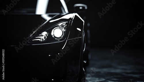 A black car with headlights, close-up, against a black background