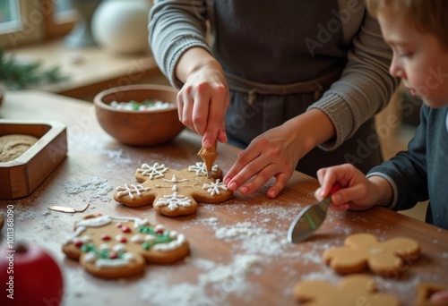 mother and son prepare gingerbread cookies and decorate them for the new year, ai generated