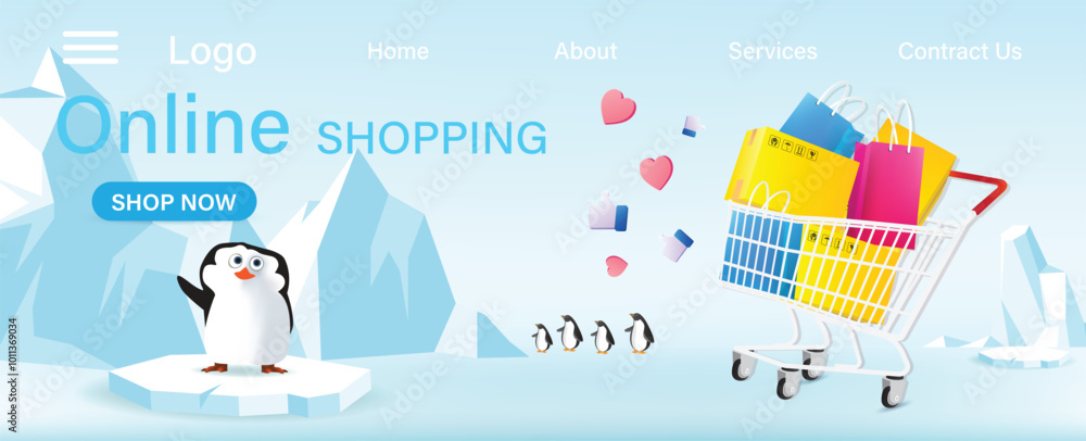 Online shopping on ice island background, ice mountain, penguin, ice banner design, EPS 10 vector illustration