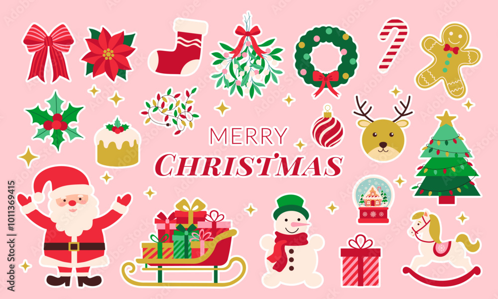 Merry Christmas is written on the image. A variety of Christmas decorations, including a Santa Claus, a reindeer, a wreath, and a gingerbread man. There are also several presents and a Christmas tree Merry Christmas is written on the image. A variety of Christmas decorations, including a Santa Claus, a reindeer, a wreath, and a gingerbread man. There are also several presents and a Christmas tree