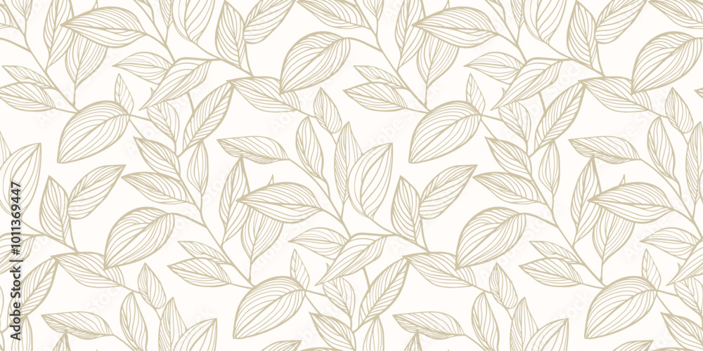 Leaves seamless pattern. Minimal golden vector botanical ornament, floral texture with linear foliage silhouettes, branches. Simple elegant leaf background. Luxury gold and white repeated design