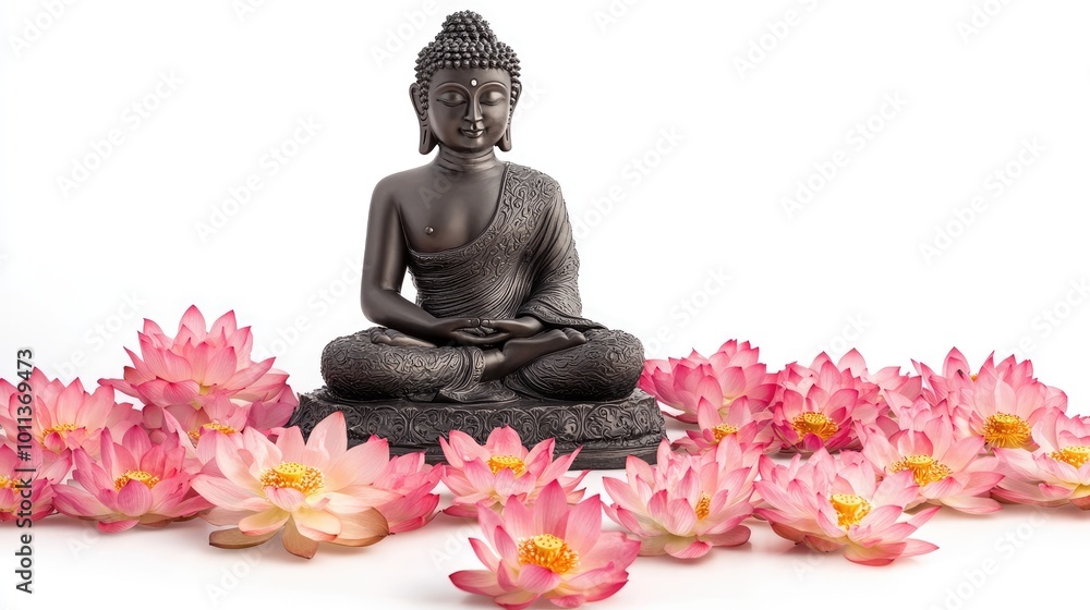 A serene Buddha statue surrounded by vibrant lotus flowers, isolated on a white background, symbolizing the peace and spirituality of Vesak Day.