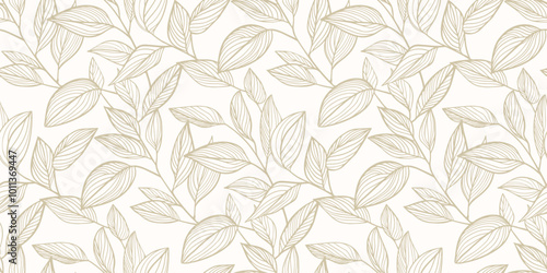 Leaves seamless pattern. Minimal golden vector botanical ornament, floral texture with linear foliage silhouettes, branches. Simple elegant leaf background. Luxury gold and white repeated design