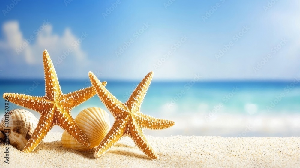 In this close-up image, several seashells and a starfish rest on a sandy beach as the sea and sky are seen in the background. In this close-up image, several seashells and a starfish rest on a sandy beach as the sea and sky are seen in the background.