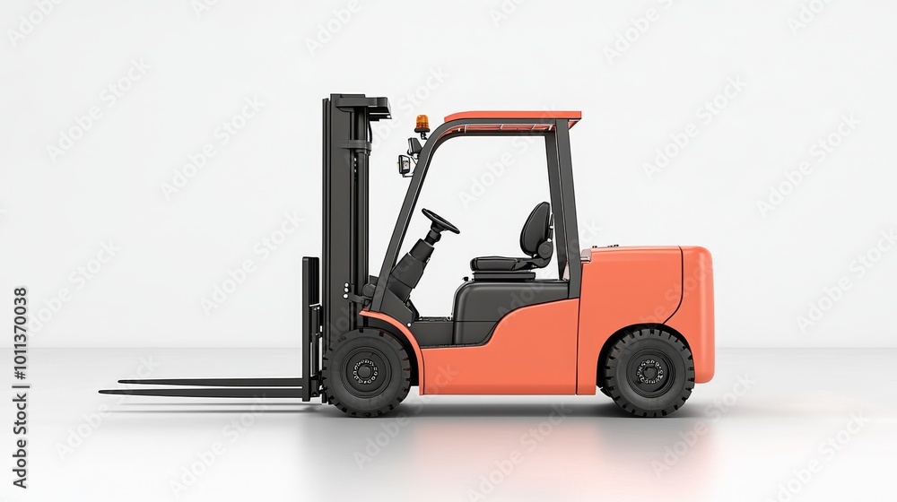 A Side View of an Orange Forklift Ready for Use in a Warehouse or Industrial Setting A Side View of an Orange Forklift Ready for Use in a Warehouse or Industrial Setting