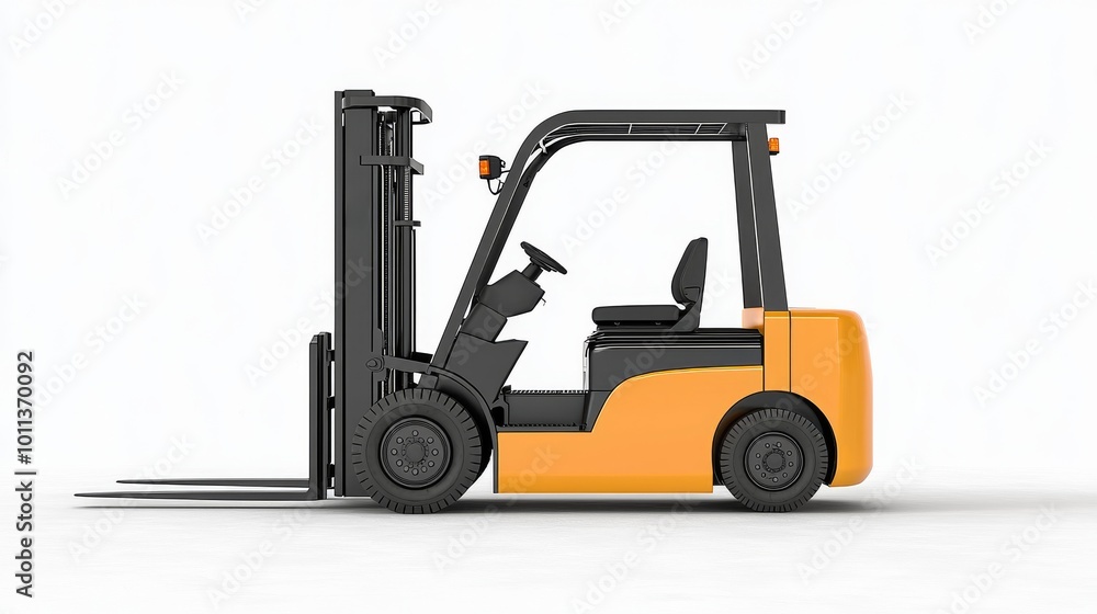 A Side View of a Modern Forklift in a Warehouse Environment With Clear Surroundings A Side View of a Modern Forklift in a Warehouse Environment With Clear Surroundings