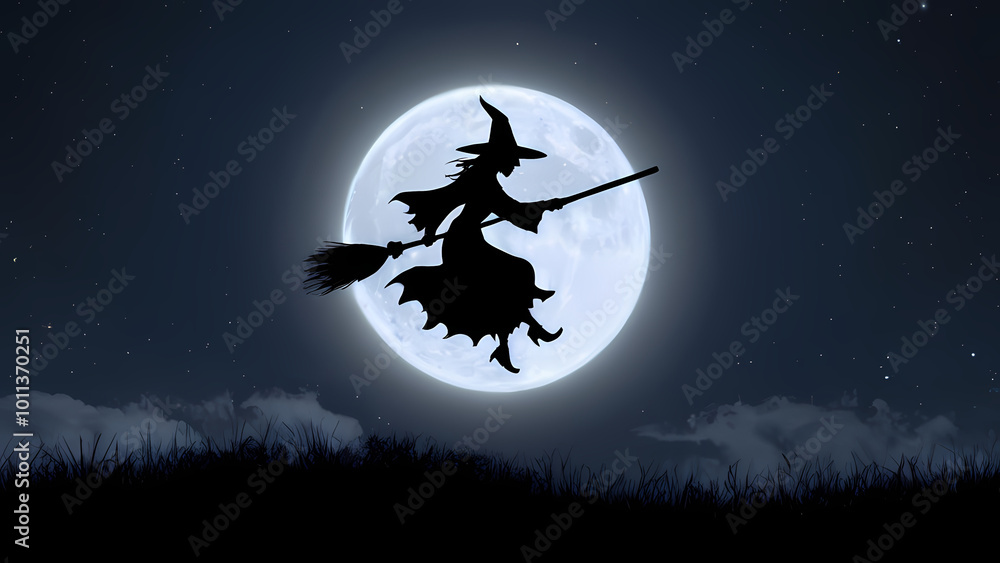 silhouette of a flying witch on a broomstick against a glowing moonlit background silhouette of a flying witch on a broomstick against a glowing moonlit background