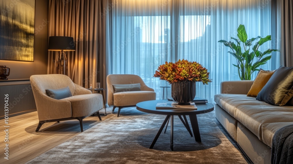 Fototapeta premium A stylish living room with modern decor, highlighting luxurious, textured curtains that gently drape beside a cozy seating area, creating an inviting atmosphere perfect for relaxation.