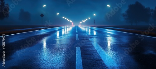 A blue road at night with fog and lights in the background, wet asphalt
