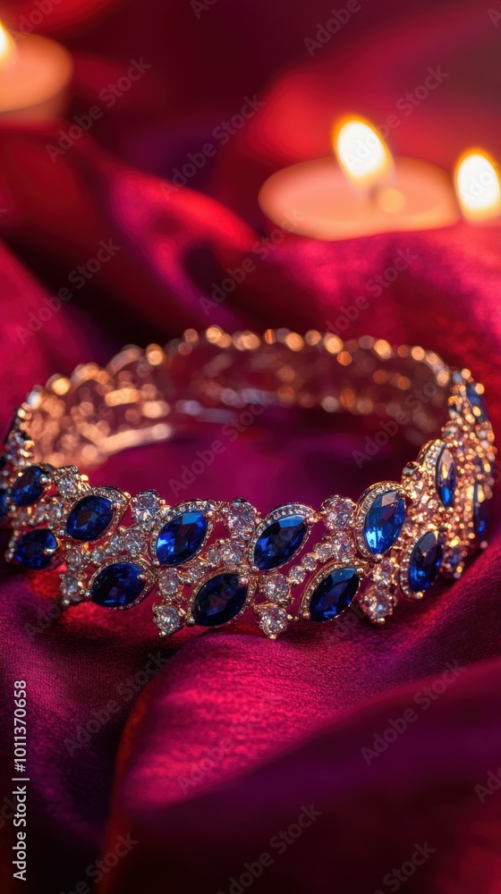 Obraz premium Elegant sapphire-studded bracelet on a rich crimson velvet cloth, with a crimson-to-silver gradient background and gentle candlelight effects, Copy space, happy Diwali background, traditional,