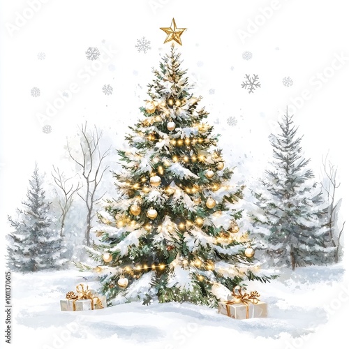 Decorated Christmas tree in a snowy landscape with falling snowflakes, representing holiday spirit and warmth, copy space 