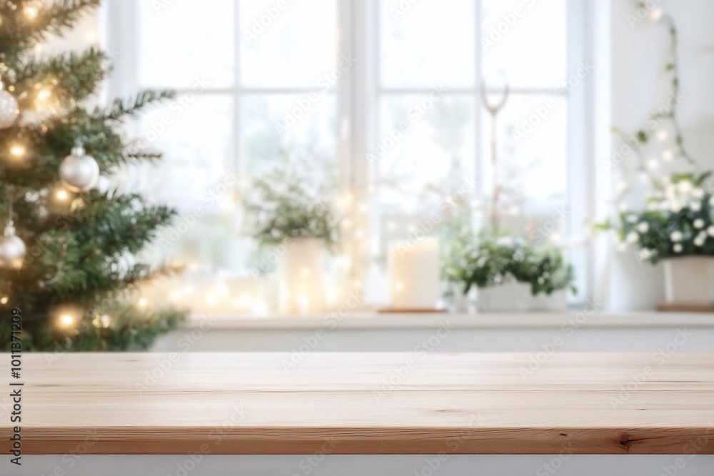 Cozy holiday scene with a wooden table and festive decorations. Cozy holiday scene with a wooden table and festive decorations.