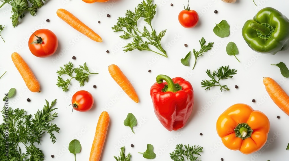 A vibrant collection of fresh vegetables, including bell peppers, carrots, and tomatoes, arranged on a clean white background, perfect for health and nutrition themes. A vibrant collection of fresh vegetables, including bell peppers, carrots, and tomatoes, arranged on a clean white background, perfect for health and nutrition themes.