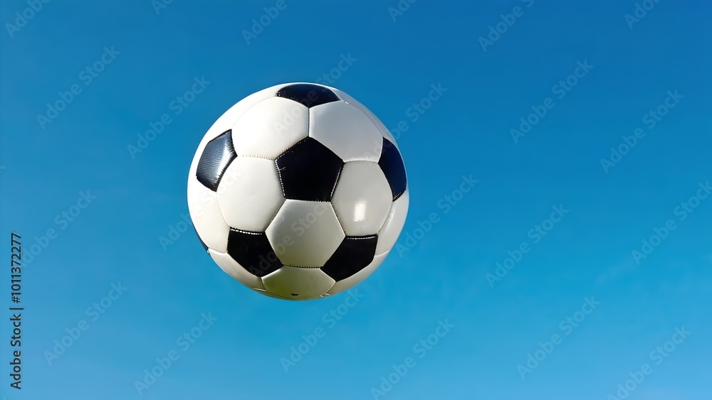 Naklejka premium Soccer ball on blue sky, featuring a black and white ball in the air, perfect for sport and football themes