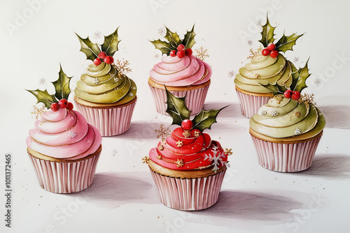 Christmas cupcakes watercolour food illustrations. AI generated