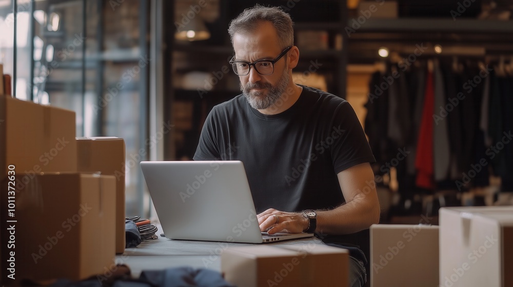 Focused Small Business Owner Man Working on Laptop Surrounded by Boxes in Store Setting Focused Small Business Owner Man Working on Laptop Surrounded by Boxes in Store Setting