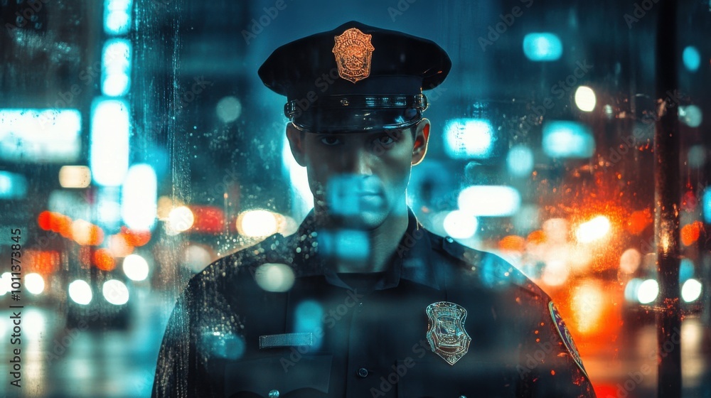 Double exposure image of a white male wearing a police officer's uniform with a cityscape and flashing lights in the background. Double exposure image of a white male wearing a police officer's uniform with a cityscape and flashing lights in the background.