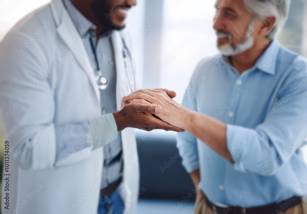 Doctor in a white coat with a stethoscope holding the hand of a smiling patient. Doctor in a white coat with a stethoscope holding the hand of a smiling patient.