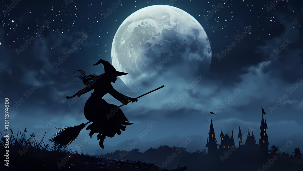 silhouette of a flying witch on a broomstick against a glowing moonlit background silhouette of a flying witch on a broomstick against a glowing moonlit background