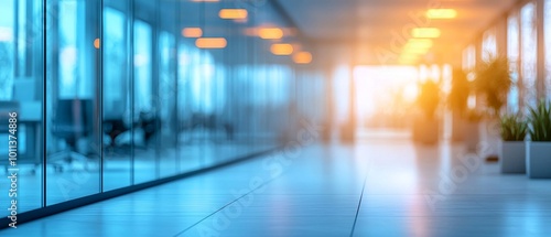 Bright, Modern Office Hallway With Plants and Glass Walls During Late Afternoon