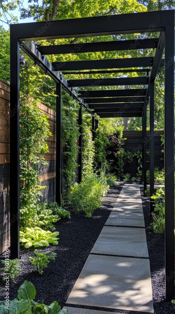 Modern Wall Side Garden with Paved Path and Black Metal Pergola Modern Wall Side Garden with Paved Path and Black Metal Pergola