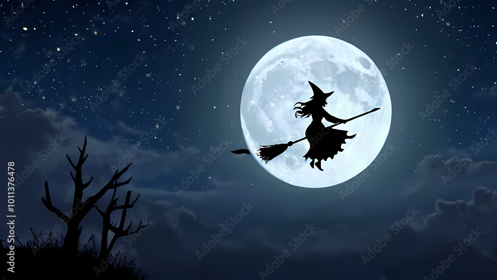 silhouette of a flying witch on a broomstick against a glowing moonlit background silhouette of a flying witch on a broomstick against a glowing moonlit background