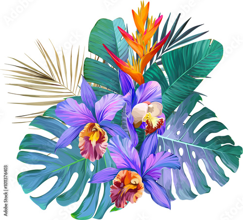 Bouquet of tropical flowers. Summer bouquet of flowers. Hibiscus, orchid, plumeria, paradise flowers. Exotic, tropical