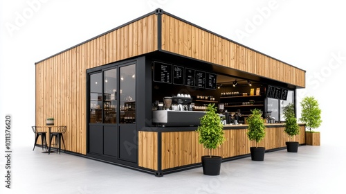 Modern wooden coffee shop design featuring large windows and outdoor seating, ideal for urban settings and cozy gatherings. photo