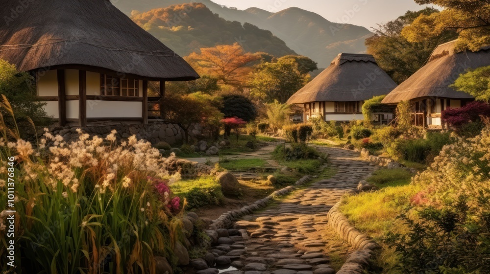 Stone Path Winding Through a Village in Autumn Stone Path Winding Through a Village in Autumn