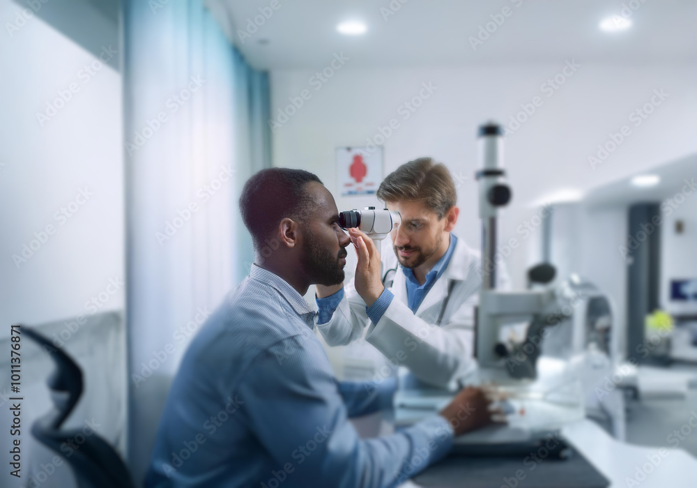 A doctor examines a patient's eyes using a specialized medical device.