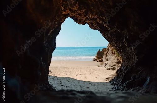 A view from a cave opening onto a serene beach and ocean.