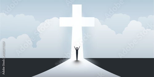 Christian Cross Symbol with Standing Man, Hands Raised - Sign of Crucifix, Easter, Purity, Faith, Baptism, Holy Spirit, Evangelization and Resurrection with Bright Light - Design for Various Use Cases